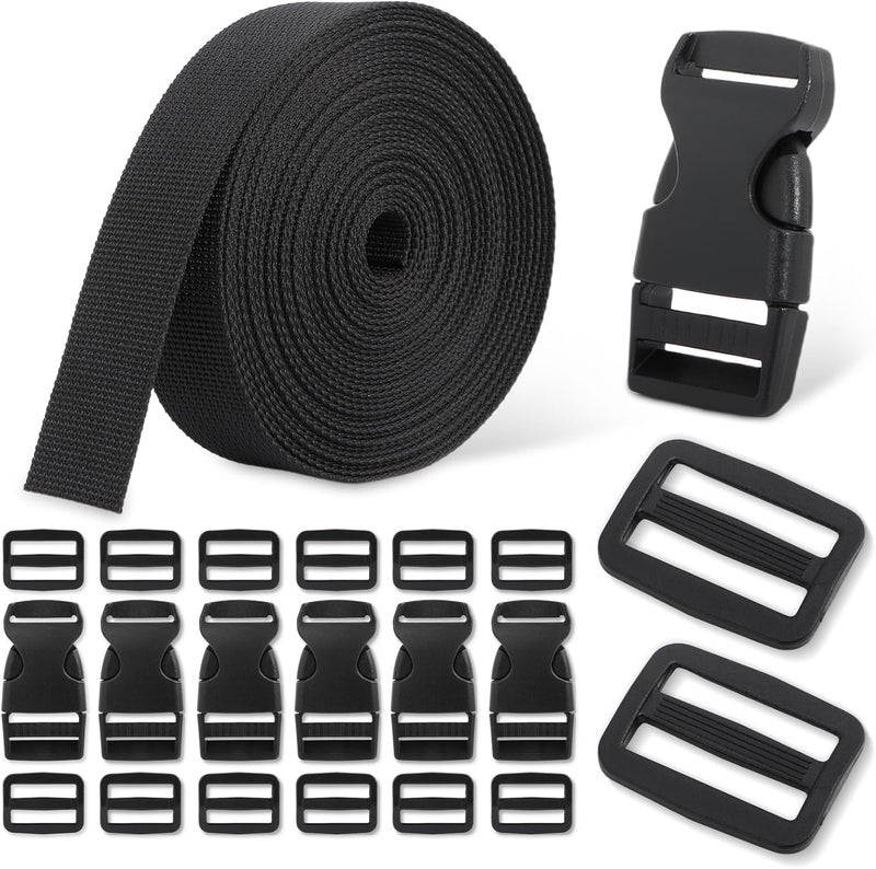 voltrish Buckle & Strap Kit - 6 Yards 1 Inch Wide Polyester Webbing Stronger Than Nylon, 6 Plastic Quick Release Buckles & 12 Triglide Clips, Adjustable Extender Straps for Backpack, Dog Collar, Fanny Pack - Image 1